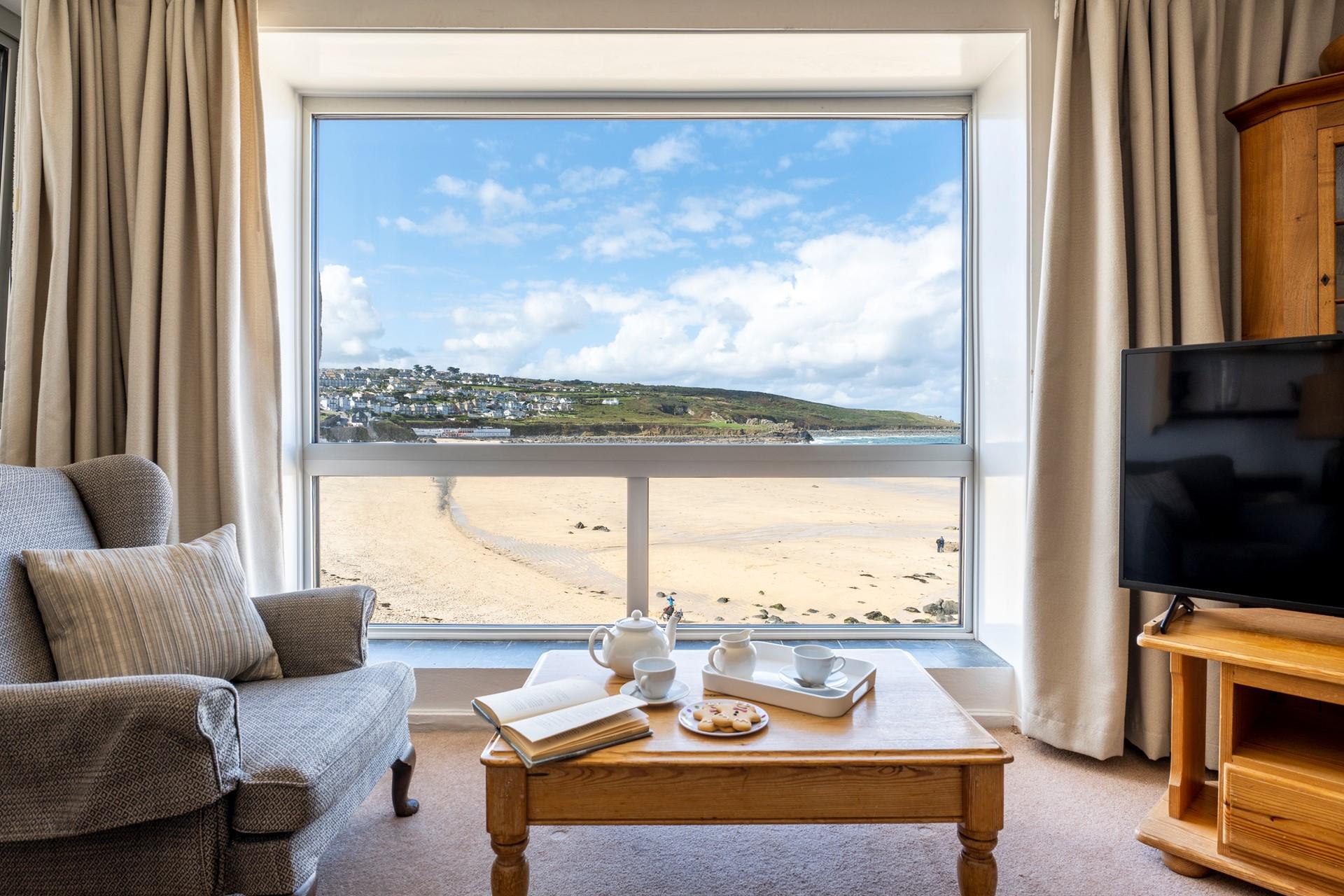 The enviable view over Porthmeor Beach from the sitting room.
