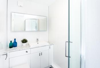 Get ready for the day in the modern bathroom.