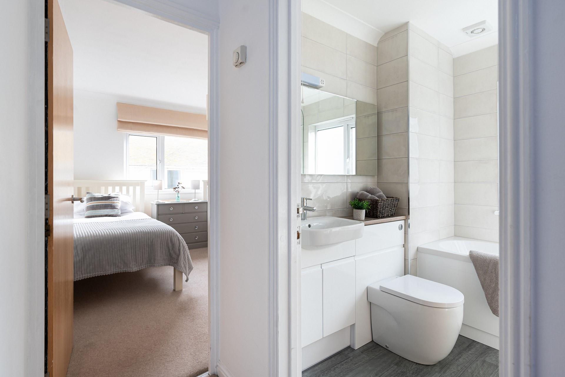 Get ready for the day in the modern bathroom.