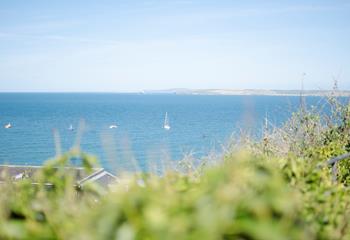The view across St Ives Bay towards Godrevy Lighthouse.