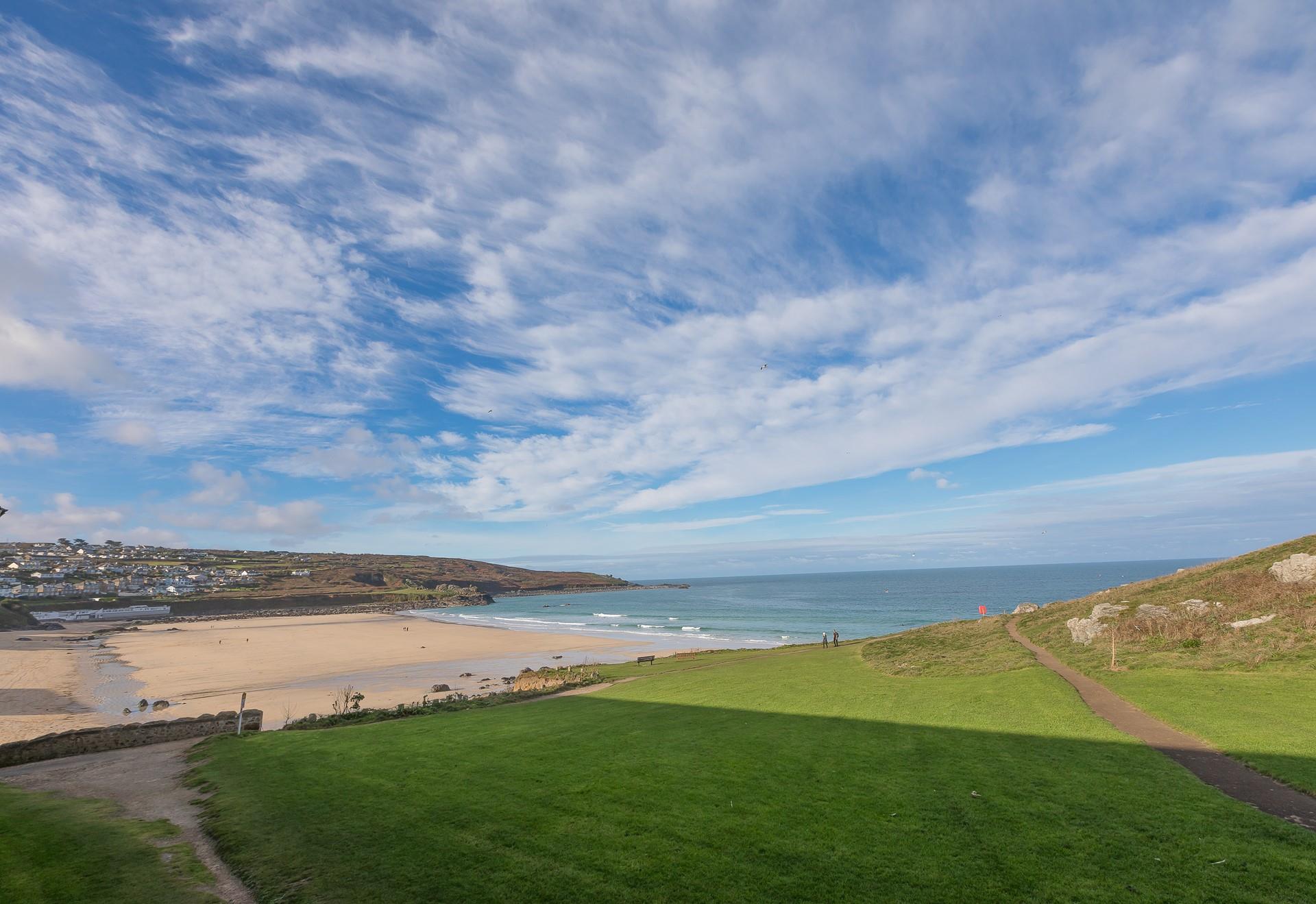 Views of The Island and Porthmeor beach from the patio and the sitting room.