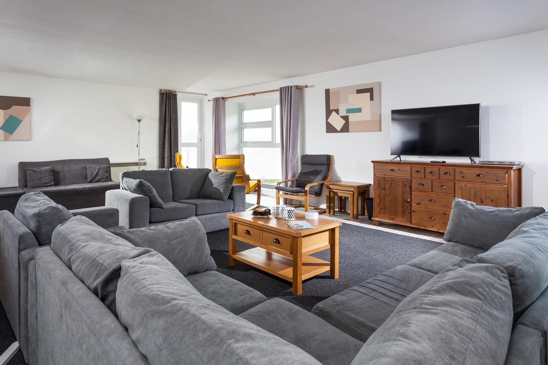 The large sitting area is perfect for a family movie night.