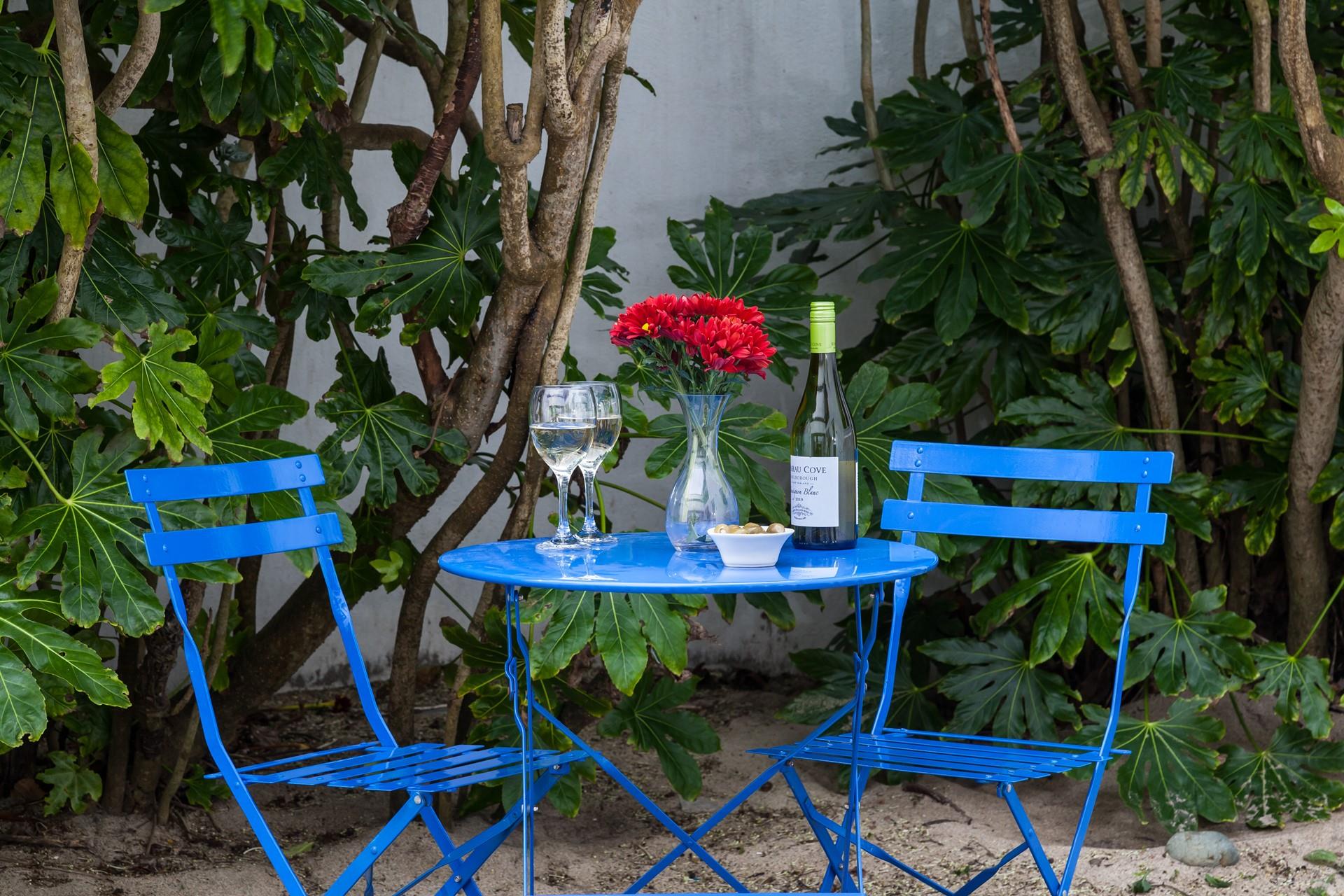 Catch the last of the evening sun in the communal courtyard.
