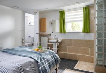 The screened off walk-in shower area makes getting ready a breeze.