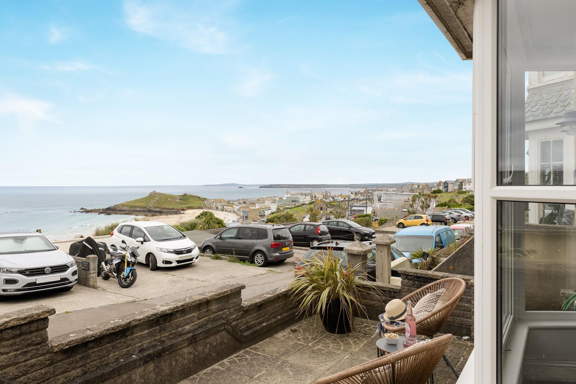 The view from the living area looks across to Porthmeor beach.