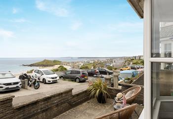 The view from the living area looks across to Porthmeor beach.