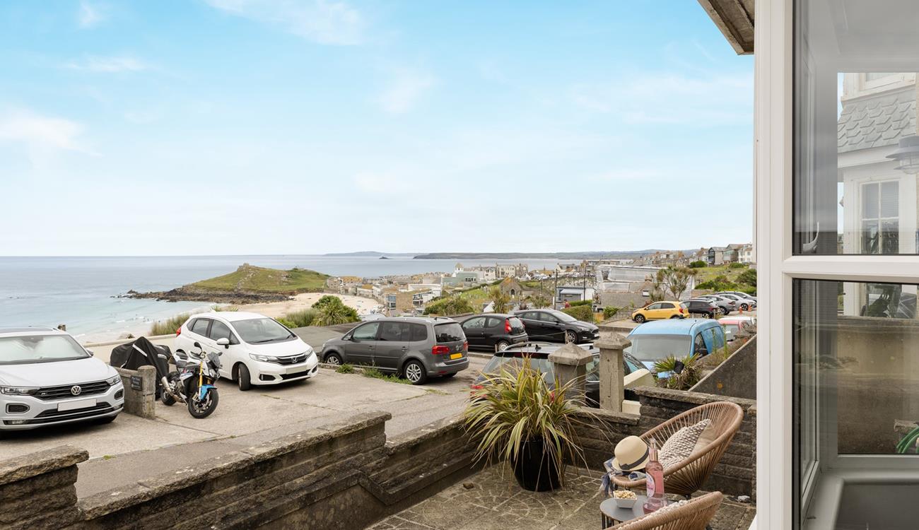 The view from the living area looks across to Porthmeor beach.