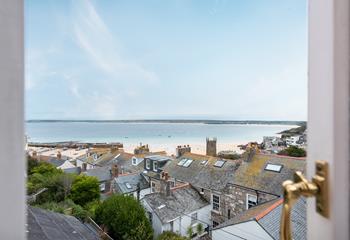 The view stretches across St Ives Bay over St Ives' rooftops.
