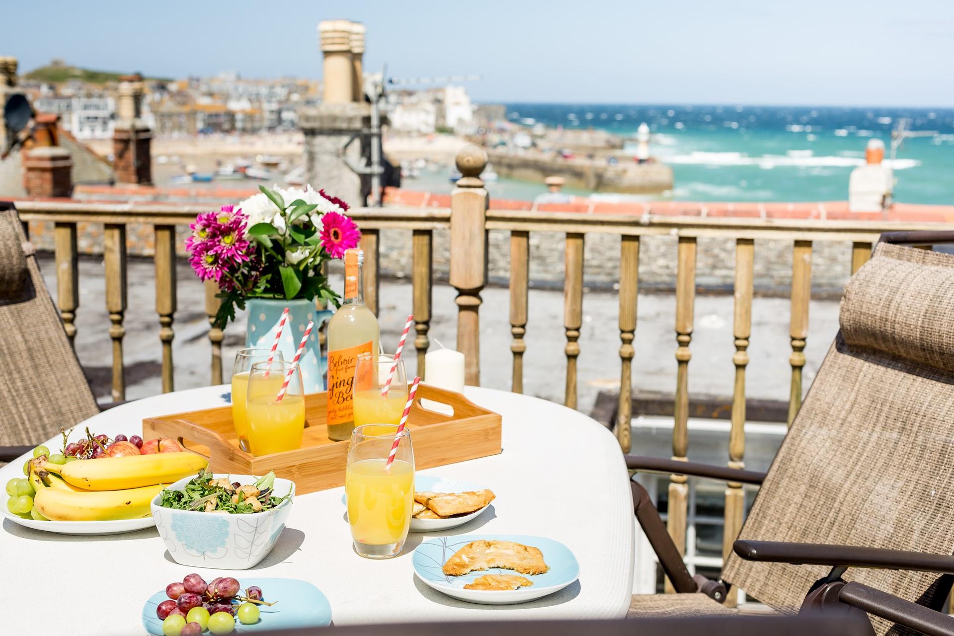 Spend a sunny evening dining al fresco and gazing out at the sea views.