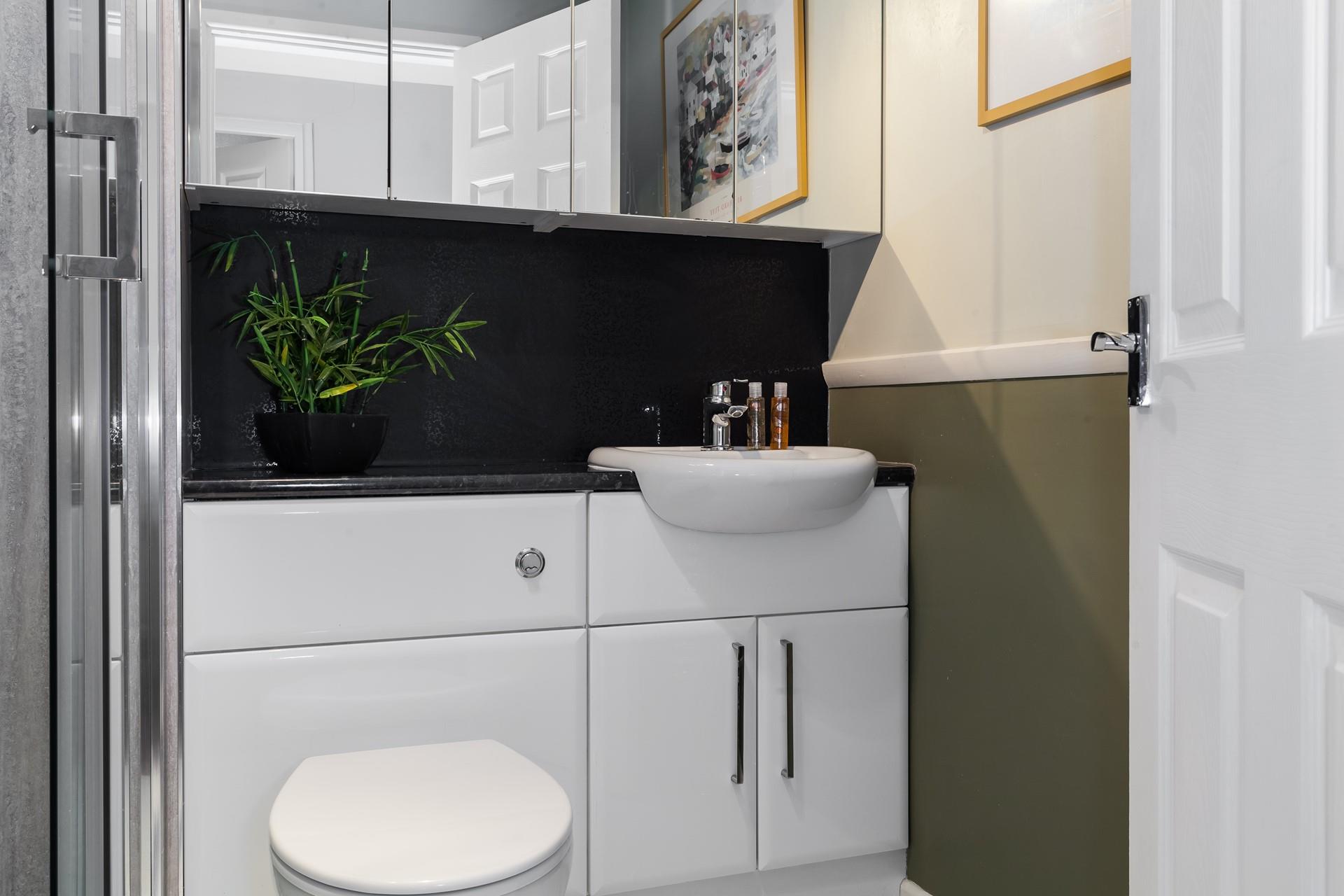 The vanity unit provides plenty of storage for your toiletries in the shower room. 