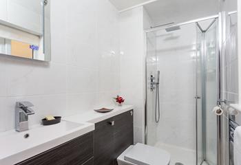The shower room has an enclosed shower with a fixed rainfall shower head and a microphone style shower attachment.