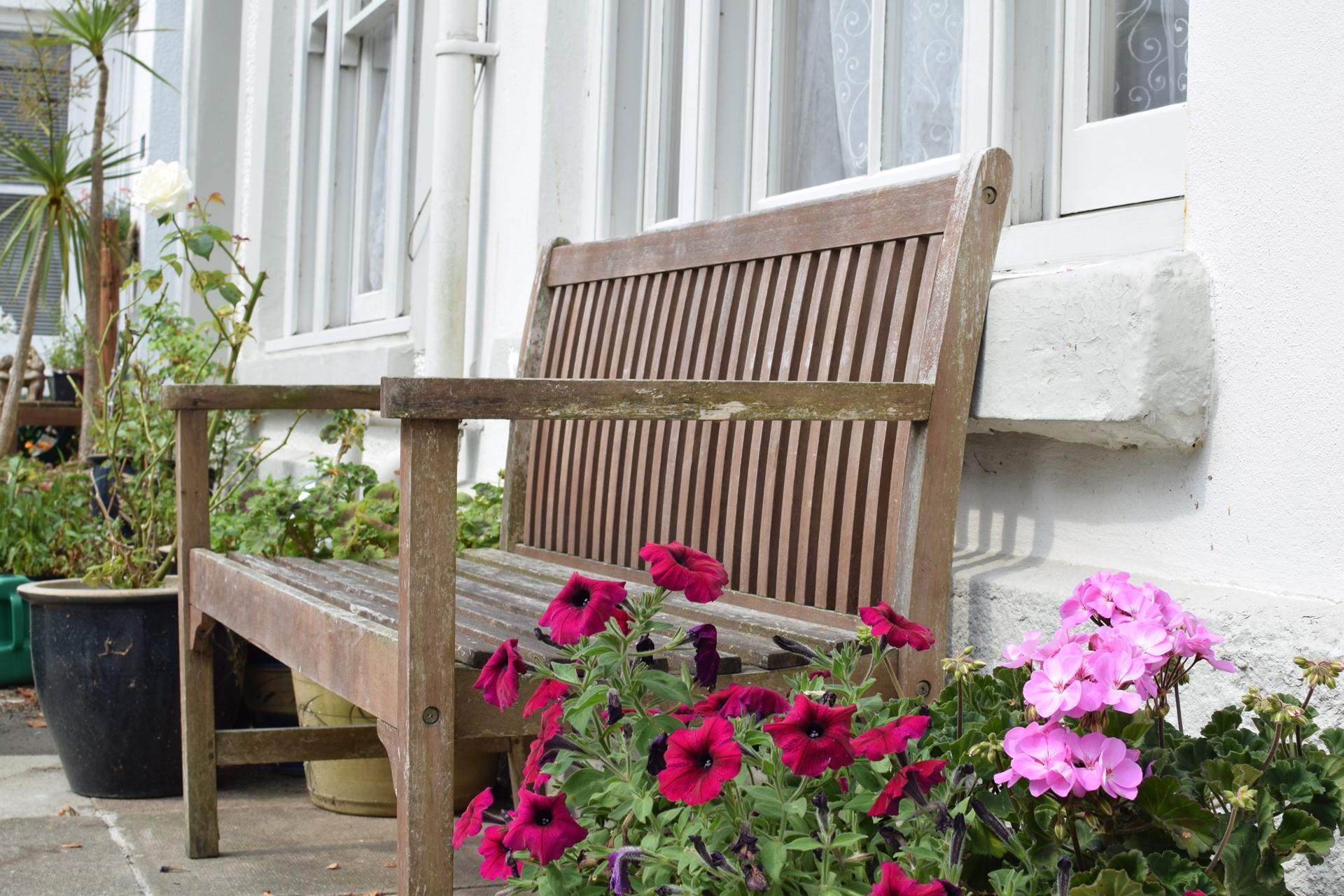 The bench out the front is the perfect spot to sip a cuppa in the sun.