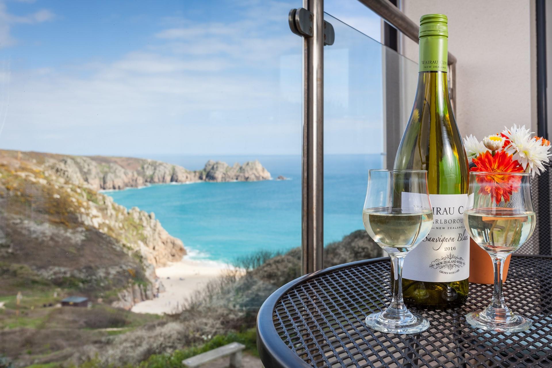 The balcony overlooks stunning Porthcurno beach. 