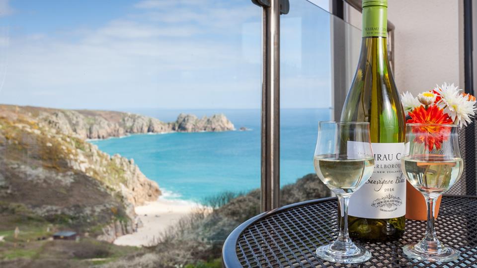 A view from the balcony of Porthcurno beach. 