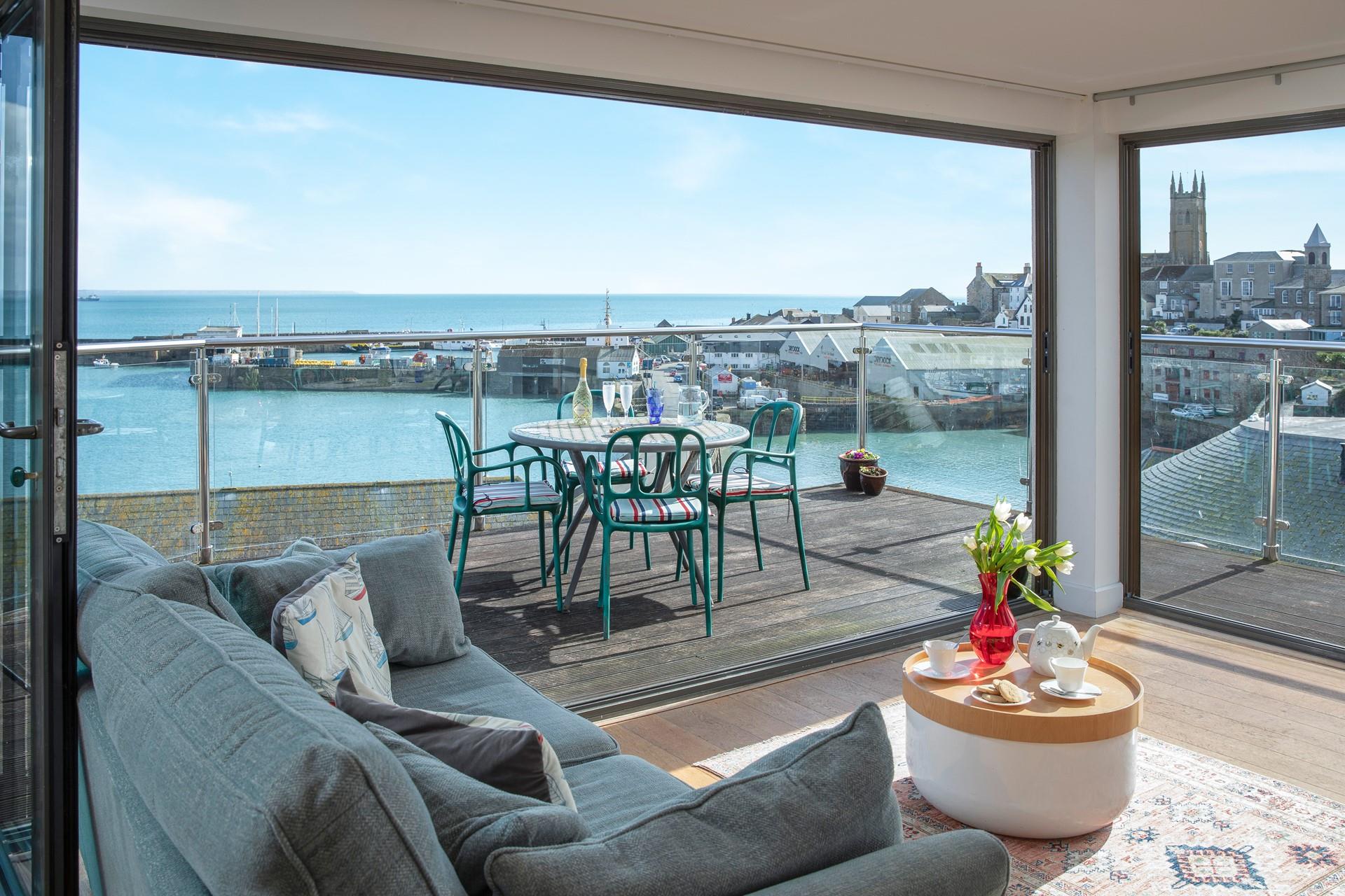 The terrace has breathtaking views across Penzance, the harbour and across Mount's Bay towards St Michael's Mount.