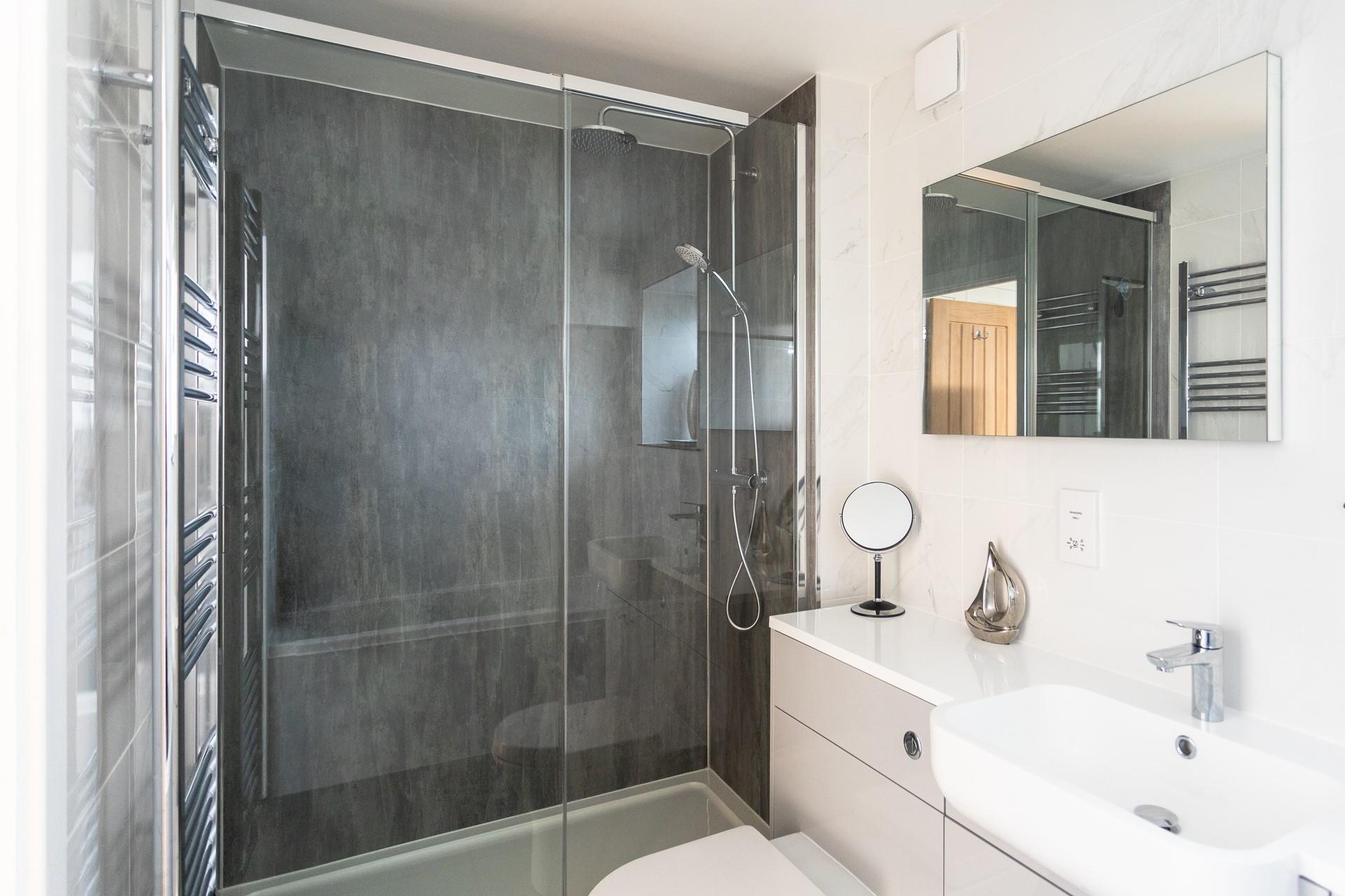 The large walk-in shower is perfect for washing the sand away at the end of the day.