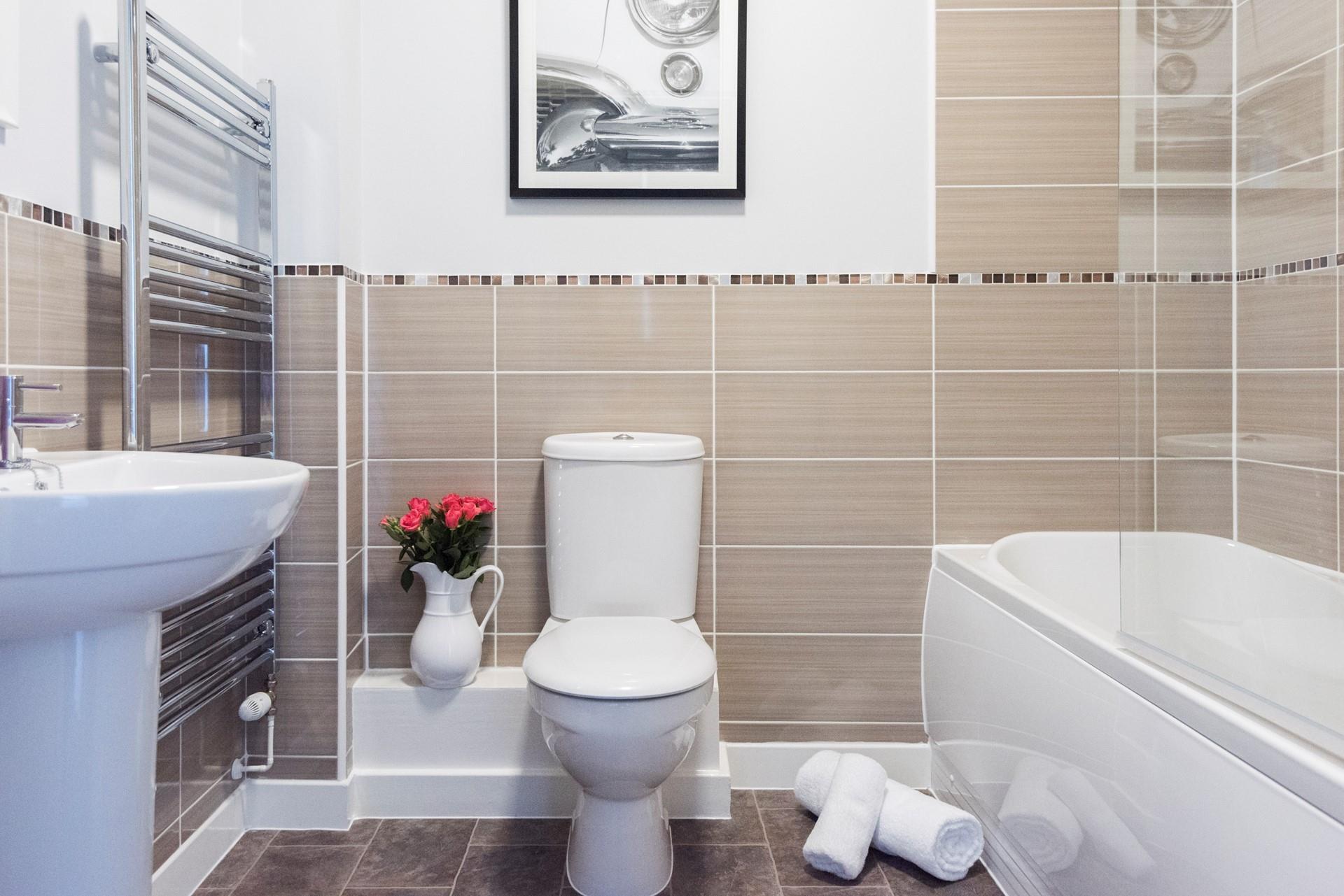 Get ready for the day in the modern bathroom.