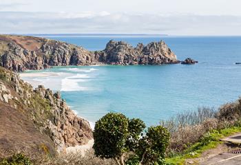 Enjoy stunning views of the azure waters of Porthcurno.