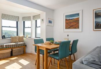 The dining area boasts beautiful sea views.