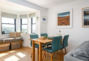 The dining area boasts beautiful sea views.
