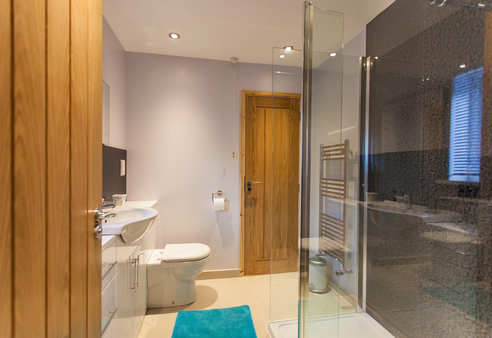 Next to the bedroom, you'll find an enclosed walk-in shower, WC, and basin. 