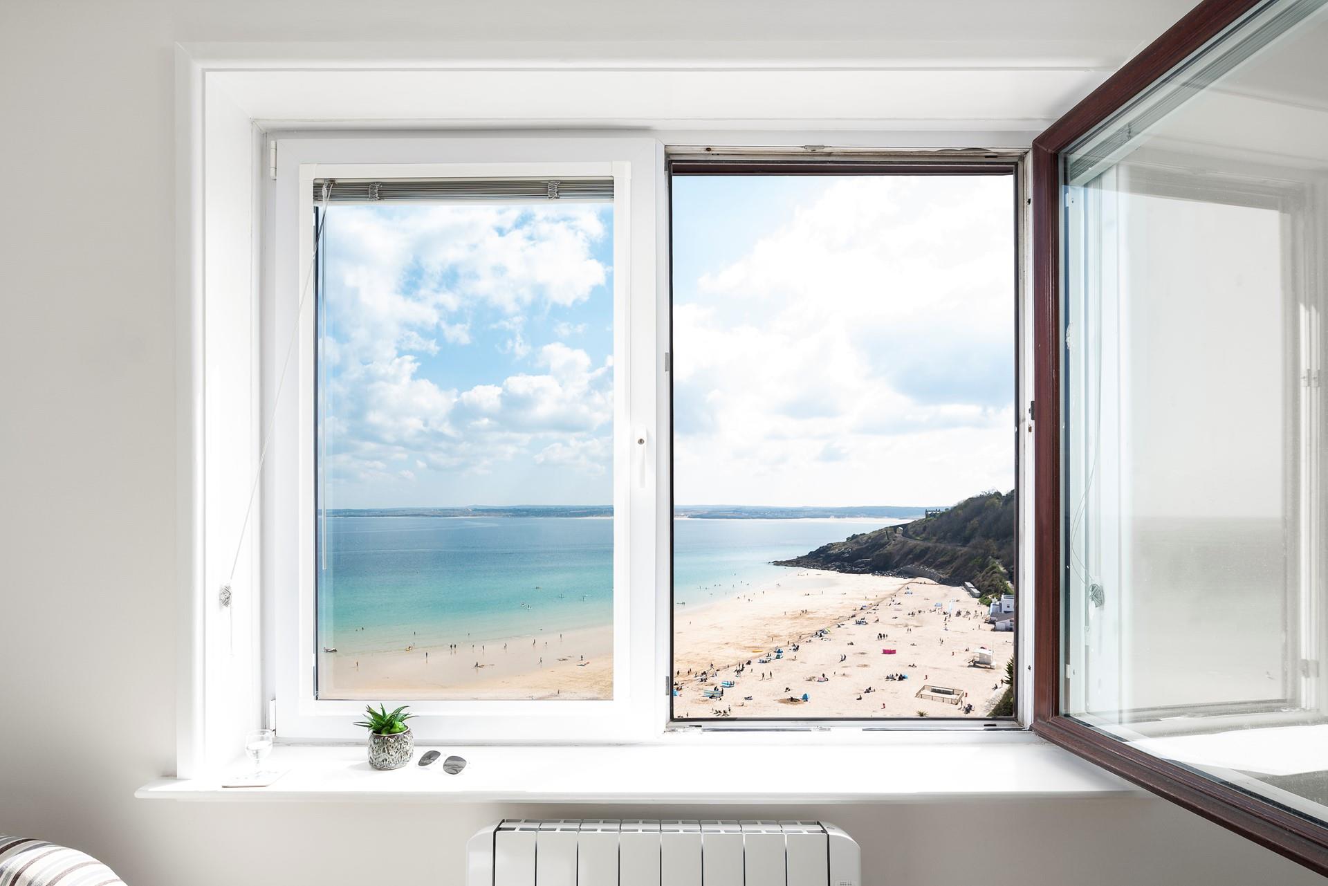 The property offers exquisite views over Porthminster beach.
