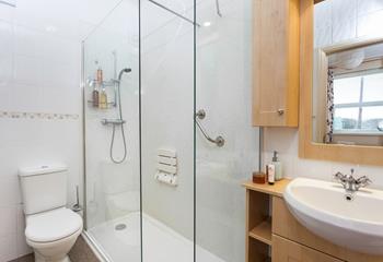 A spacious bathroom for two with an enclosed walk-in shower, basin and WC. 