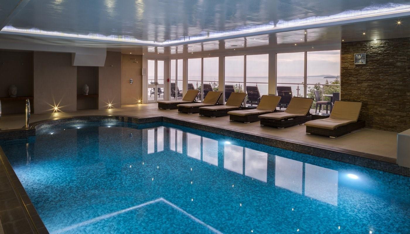 On a grey day, you can take a dip in the Harbour Hotel Spa swimming pool.