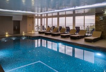 On a grey day, you can take a dip in the Harbour Hotel Spa swimming pool.