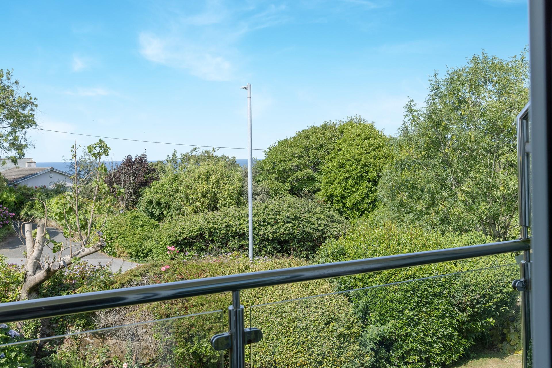 The glistening sea peaks through the trees.