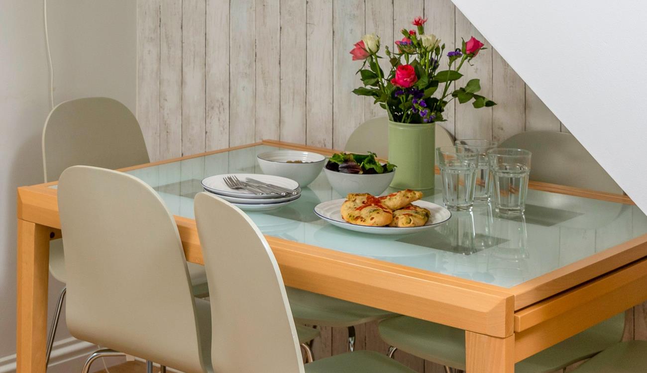 There's seating for six around the dining table.