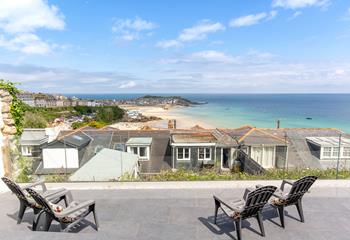 The view across St Ives Bay and Harbour is beautiful and can be enjoyed from the terraced patio area.