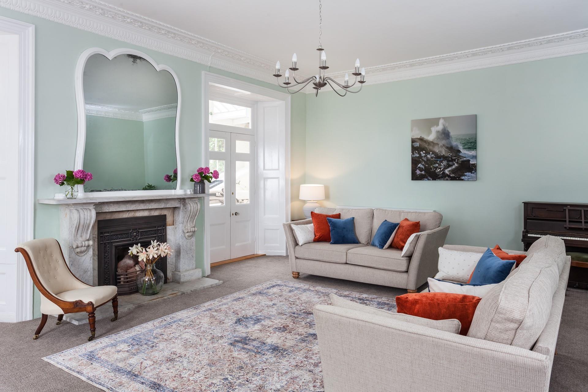 The spacious reading room has high ceilings and calm furnishings. 