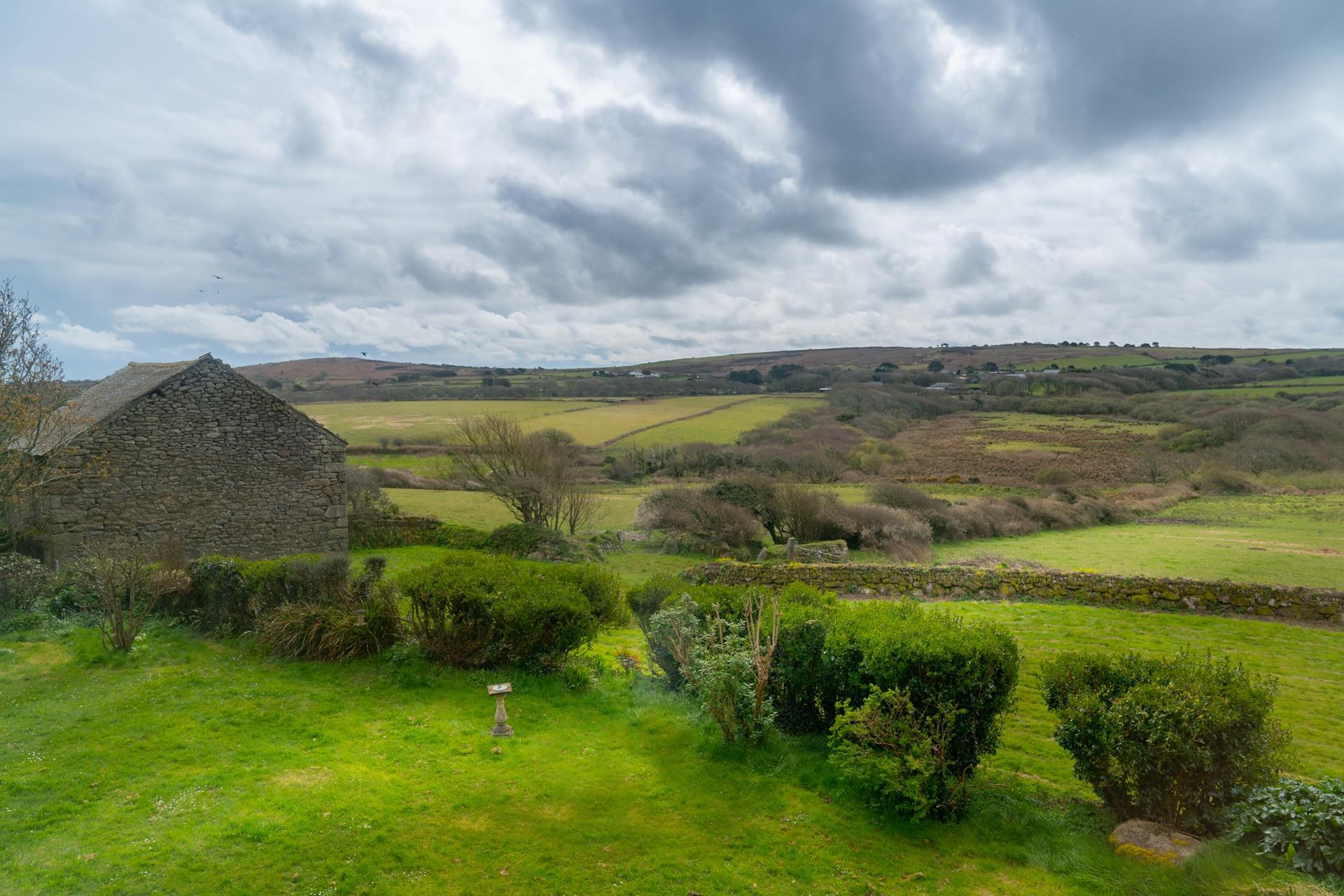 The view from the master bedroom overlooks the Cornish countryside. 