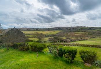 The view from the master bedroom overlooks the Cornish countryside. 