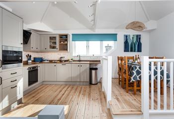 The light and bright kitchen with views of St Michael's Mount.