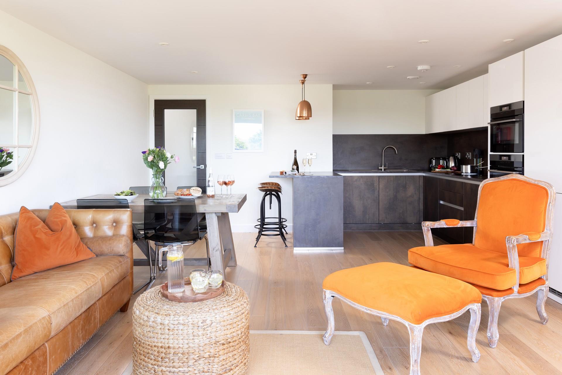 The sitting area flows seamlessly to the kitchen. 