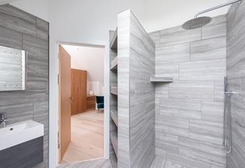 The walk-in rainfall shower is a delight after stormy winter walks on the beach.