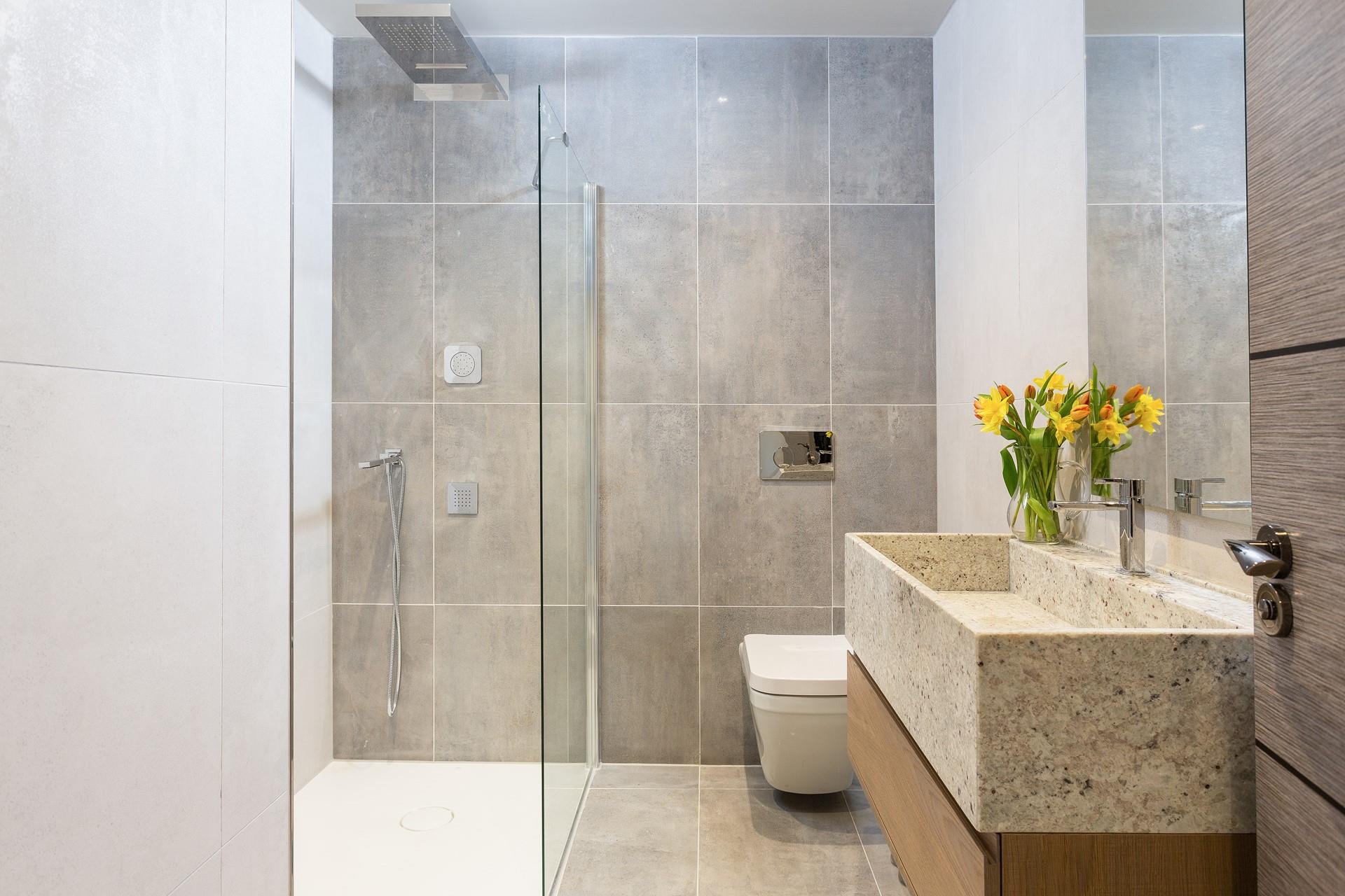 There is a family shower room with a stylish walk-in shower.