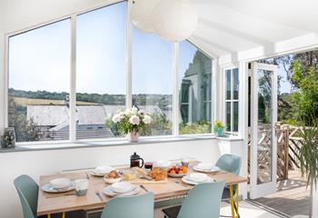 On warm days open the patio doors and let in the fresh Cornish air and birdsong whilst you enjoy your meal.