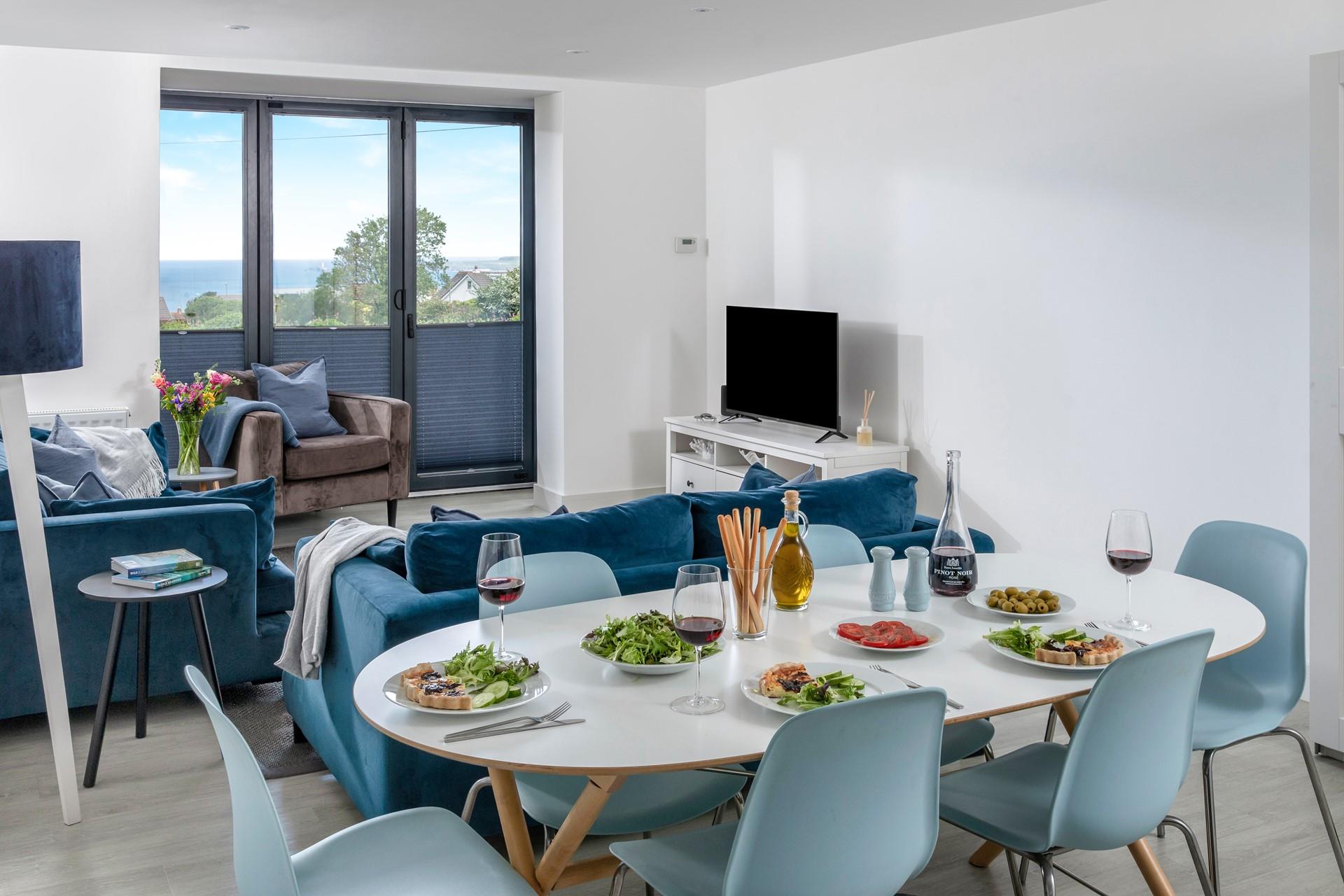 Coastal blues reflect the seaside location at Captain's Retreat.