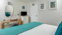 The unique lamp and teal colour scheme adds a sense of luxury to the room. 