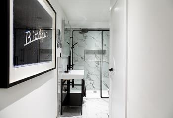 The walk-in shower comes complete with mood-control lighting.