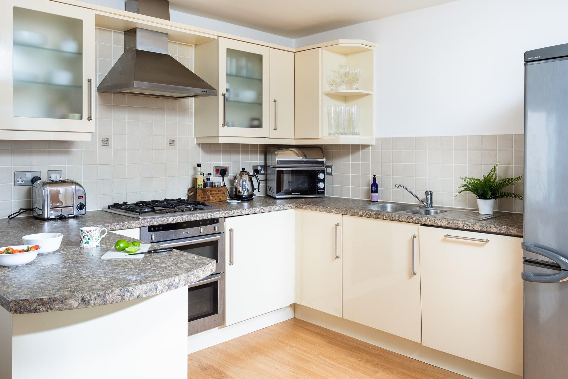 The large kitchen is well-equipped with everything you need for your stay at 7 Horizons. 