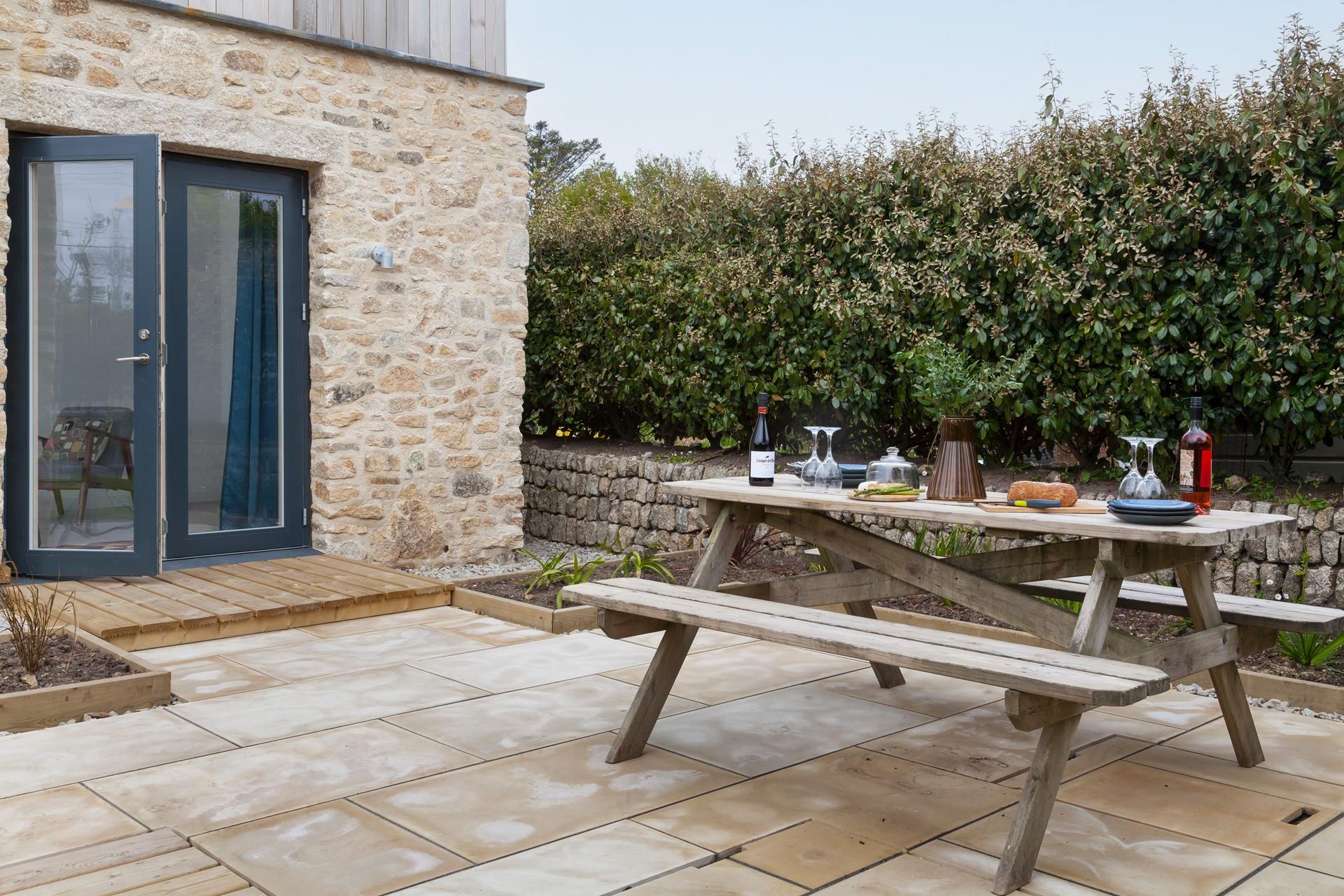 On warmer evenings, dine alfresco on the patio. 