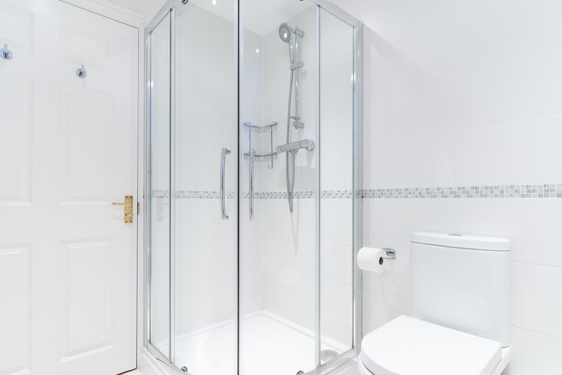 The shower room provides space to get ready for an evening at a local restaurant.