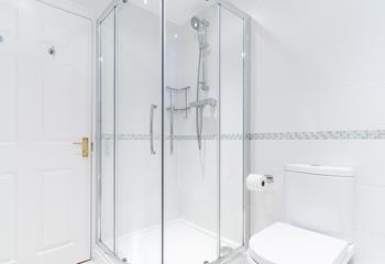 The shower room provides space to get ready for an evening at a local restaurant.