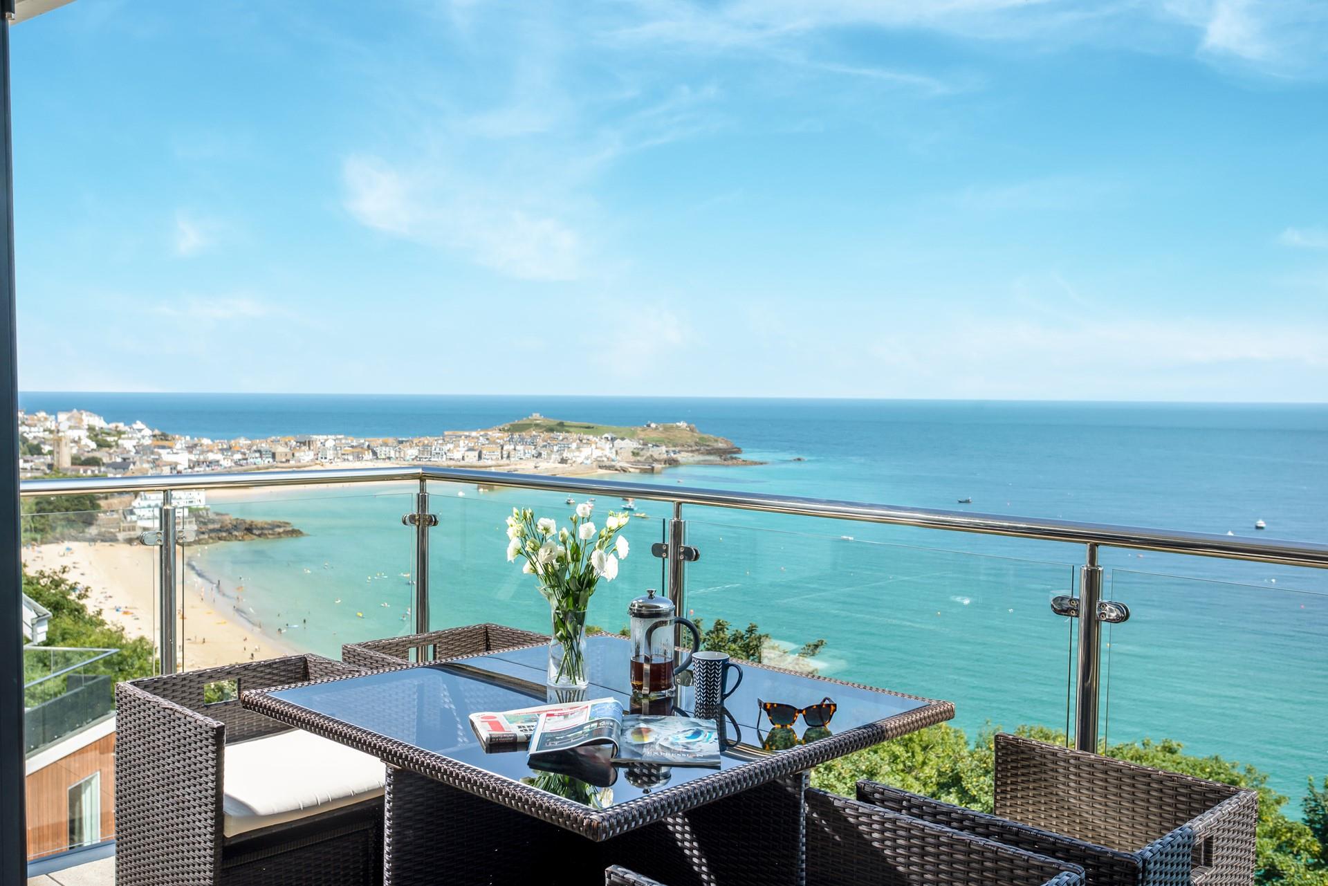 The private balcony overlooks Porthminster Beach and across to St Ives harbour.