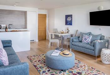 Cool blue hues in the seaside living area.