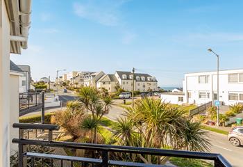 You can catch a glimpse of the sea from the balcony.